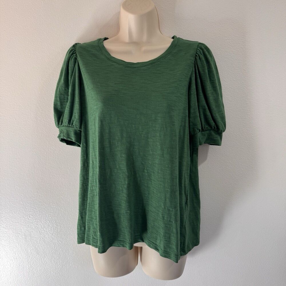 Chico's T-shirt Blouse 2 / L Kelly Green Puff Sleeve Smocked Cotton Stretch